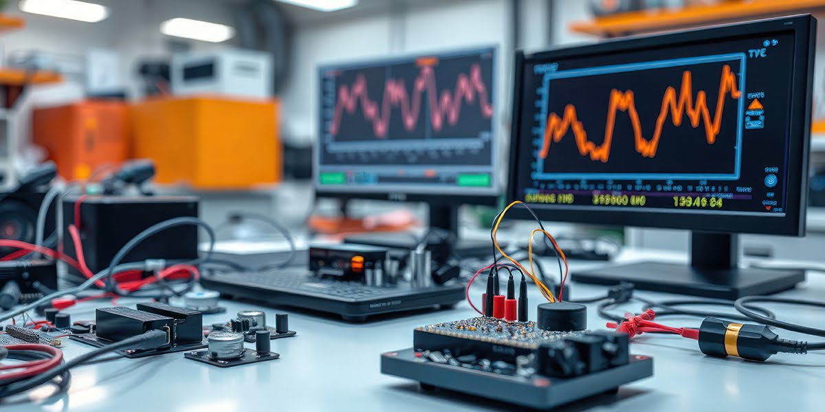 An engineer reviewing test results on a laptop in a manufacturing facility